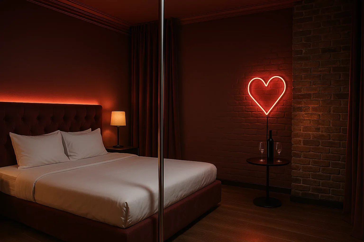 Chambre love room tamisée avec barre de pole dance, cœur lumineux et deux coupes de champagne